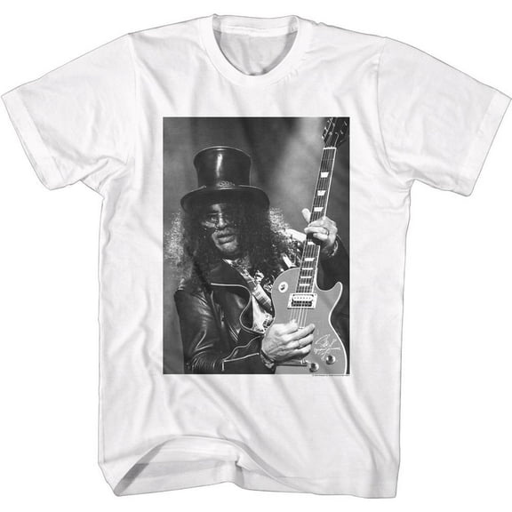 Slash Guns N Roses B and W Slash With Guitar White Adult T-Shirt