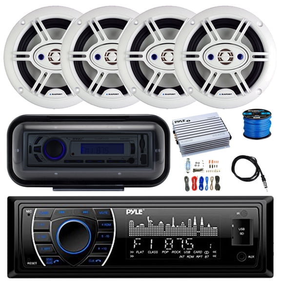 Pyle PLRMR27BTB Single DIN Bluetooth Marine MP3 AM/FM Stereo Receiver, Radio Cover, 4-Channel Amplifier w/Kit, 4x 6.5" 240W 4-Way Outdoor Speakers (White), Wire, Antenna