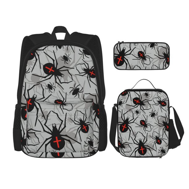 Disketp Spiders Mochila Estampada de Gran Capacidad con Lonchera y Estuche, Set de 3 Piezas para Estudiantes