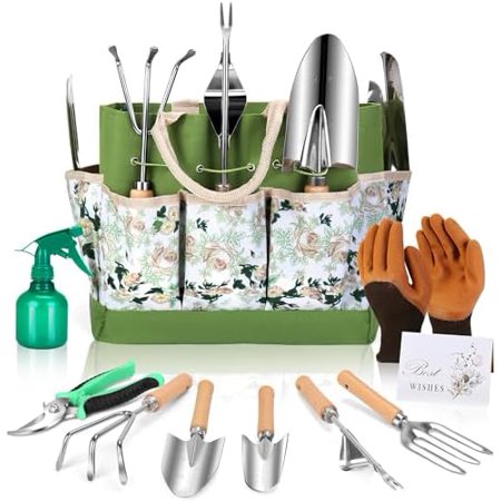 Gardening Tools Set of 10 Heavy Duty Stainless Steel Garden Hand Tools with Floral Tote Bag Rust-Proof Garden Tools for Gardening Gardening Gifts for Women Men and Plant Lover