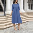 thumbnail image 4 of Busydd Womens Fall Dresses 1/2 Sleeve Round Neck Midi Dress Fashion Elegant Solid Color Homecoming Dresses Casual Flowy Cotton Linen Cocktail Dress, 4 of 5