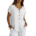 thumbnail image 2 of Linen Shirts for Women Short Sleeve V Neck Button Down Loose Gauze Blouses, 2XL, 2 of 7