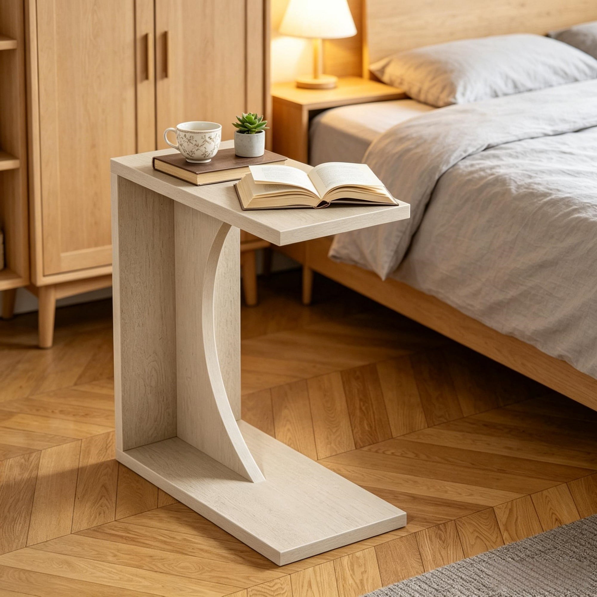 C-Shaped Narrow End Table 23.62in Wide MDF Sofa Side Table with Adjustable Feet, Slim Space Saving Side Table for Small Space Living Room Bedroom Laptop Coffee Drinks