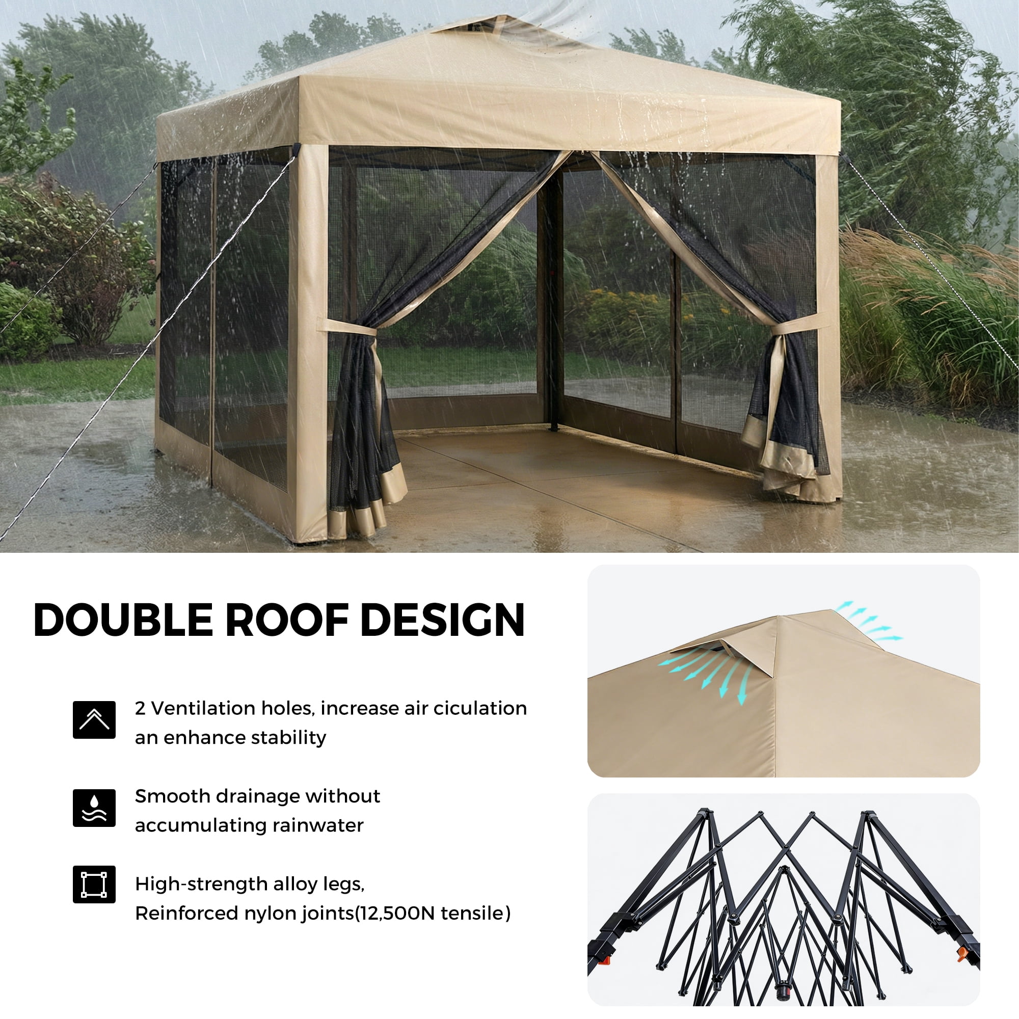 Advwin 10x10 Pop Up Canopy Tent with Netting, Instant Folding Outdoor Gazebo with Wheeled Carry Bag, 3 Adjustable Heights, 4 Sandbags & 4 Ropes, Portable Canopy Shelter for Patio, Backyard, Camping,