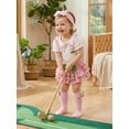 thumbnail image 3 of BemeyourBBs Newborn Baby Girl Golf Outfit Infant Baby Girl Summer Clothes Short Sleeve Doll Collar Romper Golf Print Ruffle Shorts Skirt Set Bow Headband Long Socks 4Pcs Clothing, 3 of 9