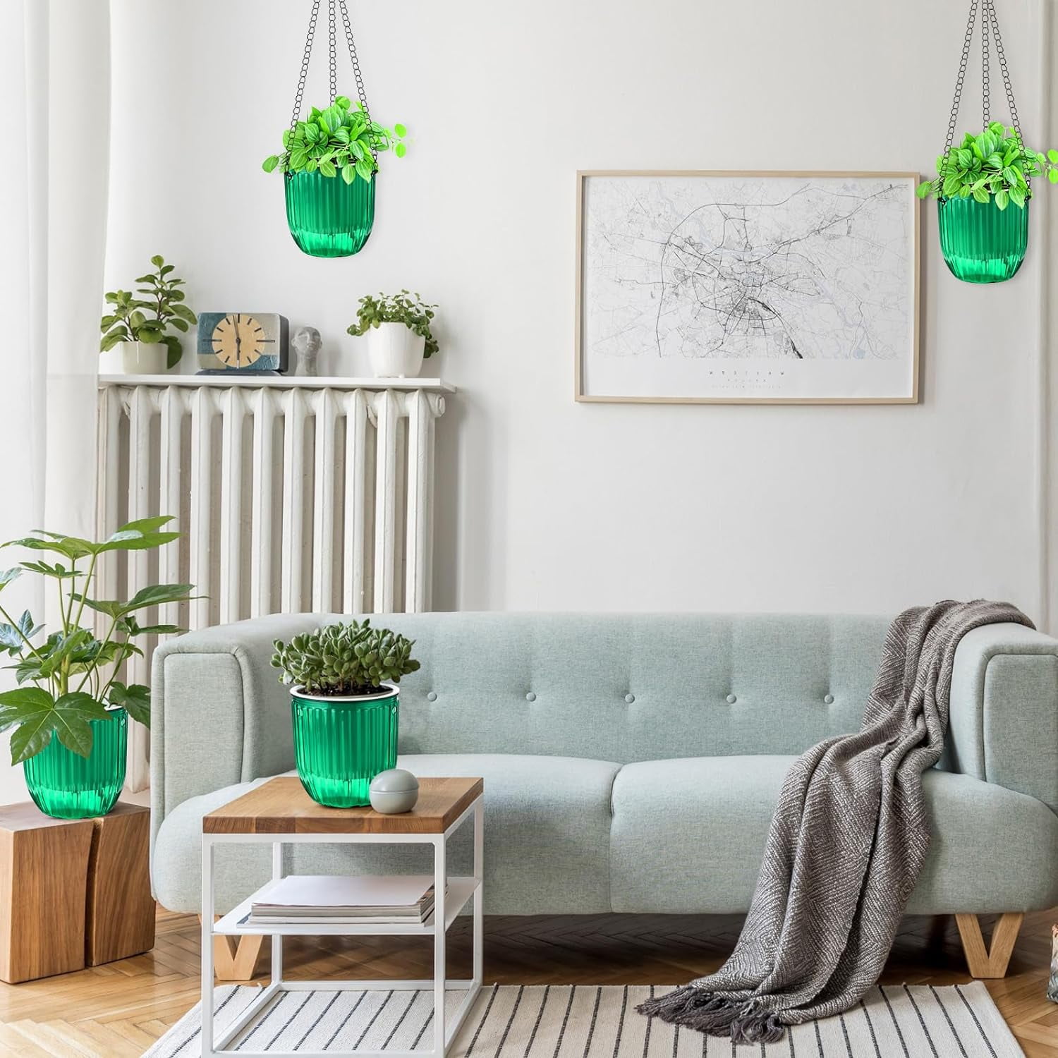 3 Pack 4.5 Inch Self Watering Hanging Planter, Hanging Planters for Indoor Plants Basket Bulk Outdoor Plastic Hanging Plant Pots with 3 Hook Chains Drainage Holes for Garden Home(Green)
