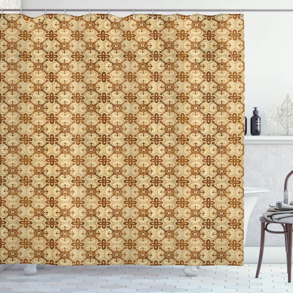 Earth Tones Shower Curtain, Fleur de Lis Classic Victorian Feminine Retro Spiral Cross Floral Swirl, Fabric Bathroom Set with Hooks, 69W X 84L Inches Extra Long, Beige Pale Caramel, by Ambesonne
