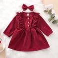 thumbnail image 3 of Toddler Baby Girl Fall Spring Dress Corduroy High-Waist Ruffle Buttons Princess Dress With Bow Headband, 3 of 7