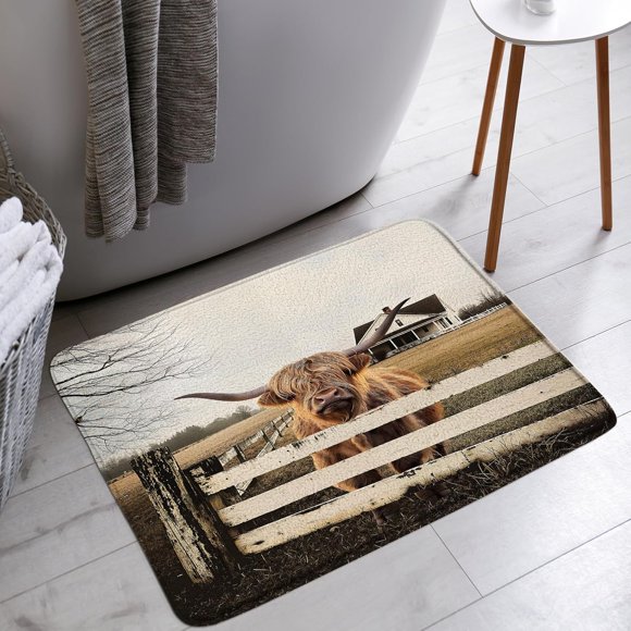 YSATNSFT Highland Cow Bath Mat Rustic Farmhouse Cow Western Country Longhorn Bull Fence Cattle Farm Animal Bathroom Bathtub Floor Rugs Doormat Toilet Decor,24 x 36 in
