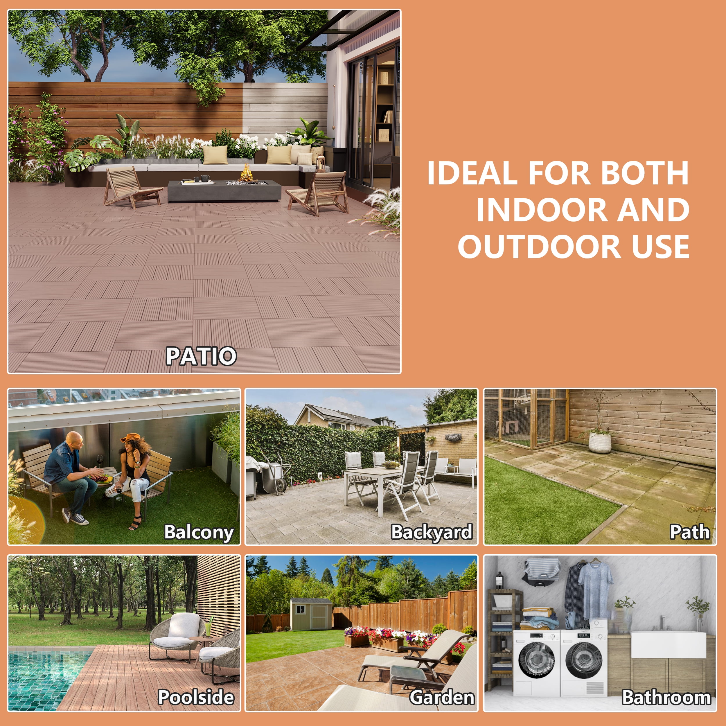 TrumanPick 36 PCS Deck Tiles Patio Pavers Interlocking Flooring Tiles 12"W x 12"L Waterproof Outdoor Flooring for Patio Garden Balcony Backyard All Weather Use, Brown