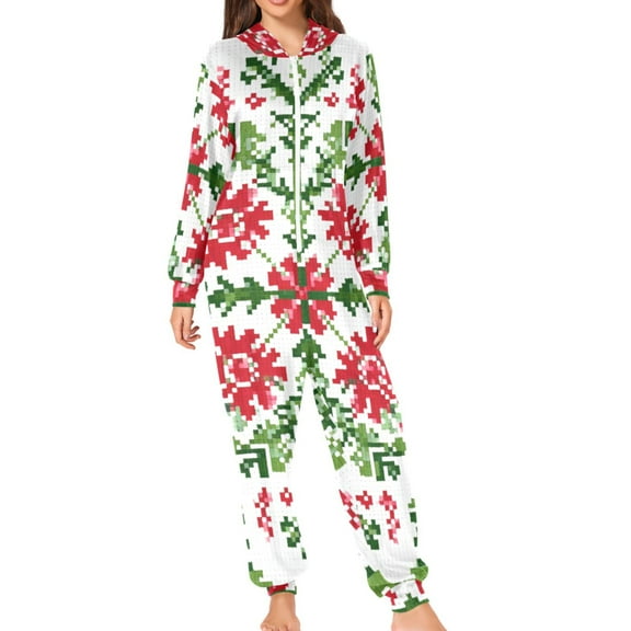 Pixel Style Christmas Pattern Adult's Hoodie Onesie Jumpsuit One-Piece Pajamas with Zipper Unisex for Holiday S