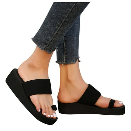 

MIASHUI Women s Slippers Shoes Open Toe Flatform Wedge Beach Slippers Casual Heeled On Thick Sandals Black 7.5