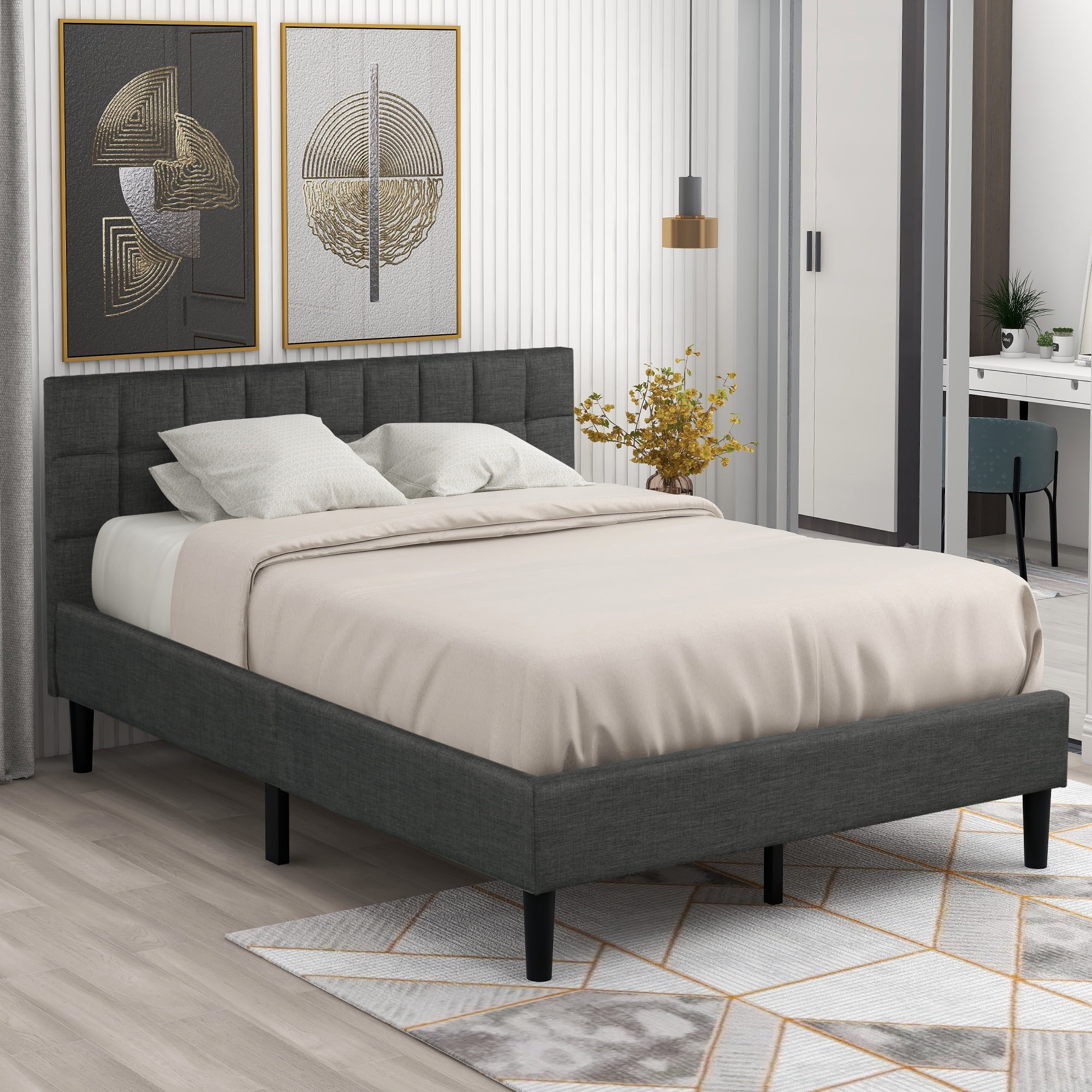 Queen Bed Frame No Box Spring Required, Heavy Duty Fabric 