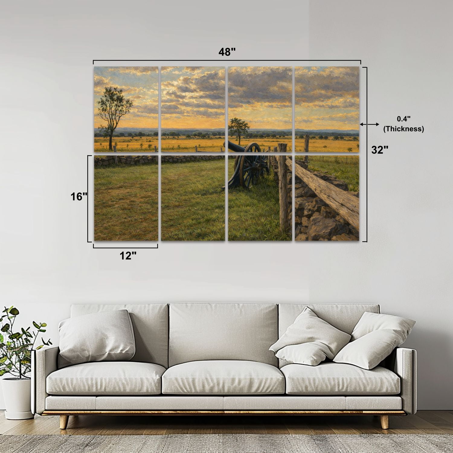 Rustic Farmhouse 8 Pack Art Acoustic Panels Sound Absorbing sunset gettysburg national military park cannon Decorative Soundproof Wall Panels Self Adhesive for Nursery Game Room Bedroom 48"x32"