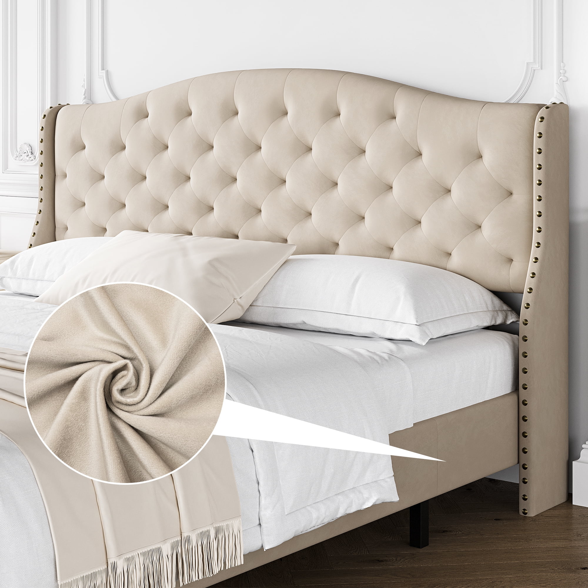 Whizmax King Size Platform Bed with Tufted Velvet Upholstery