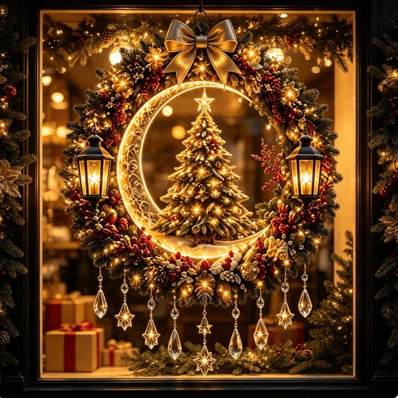 Christmas Moonlight Wreath Collection, Lighted Holiday Door Decor, Glowing Moon & Star Lights, Red Accents, Battery Operated Porch Lighting