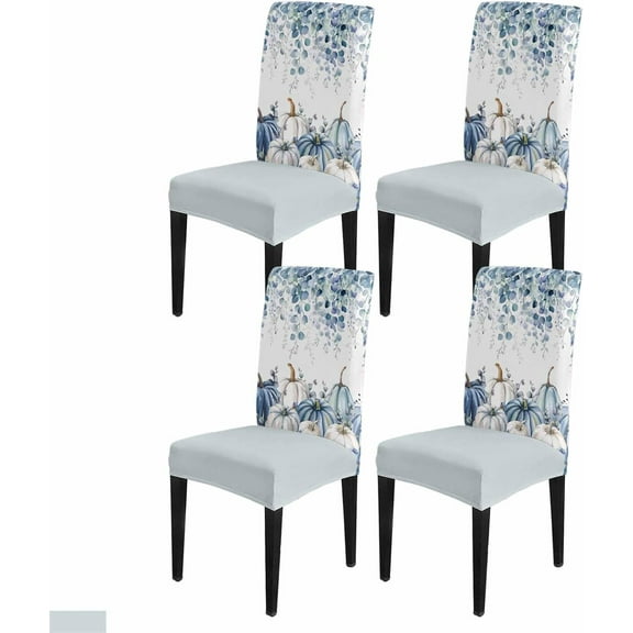 muroi Blue Grey Fall Dining Room Chair Covers Set of 4, Stretch Kitchen Chair Cover Protector, Thanksgiving Pumpkins Eucalyptus Leaves Chairslipcovers Removable Seat Cover for Party Banquet