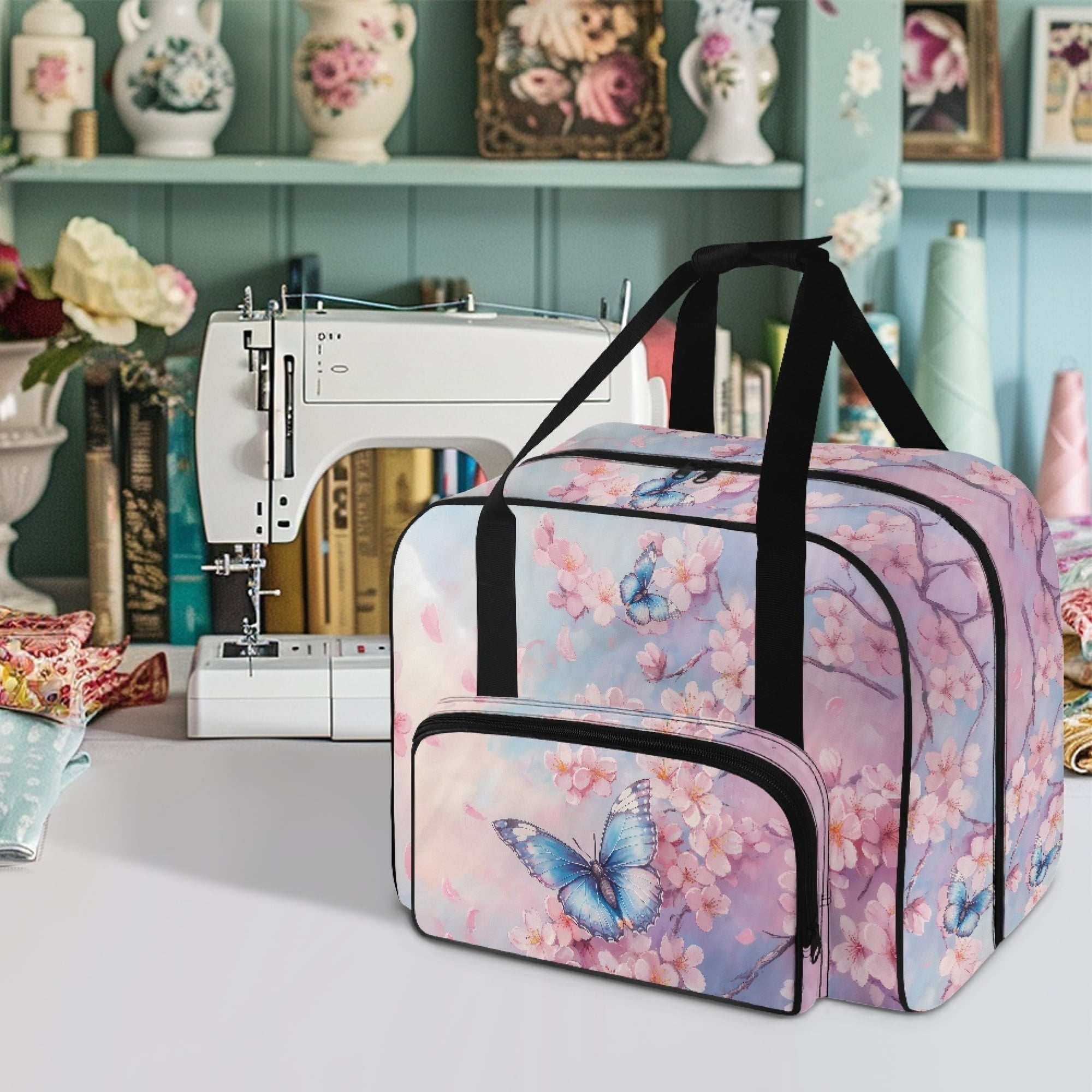 ZIATUBLE Butterfly Zippered Travel Bag Cherry Blossom Portable Carrying Totes Stain Resistant Sewing Machine Supplies Organizer Suitable for Most Standard Sewing Machine Accessories