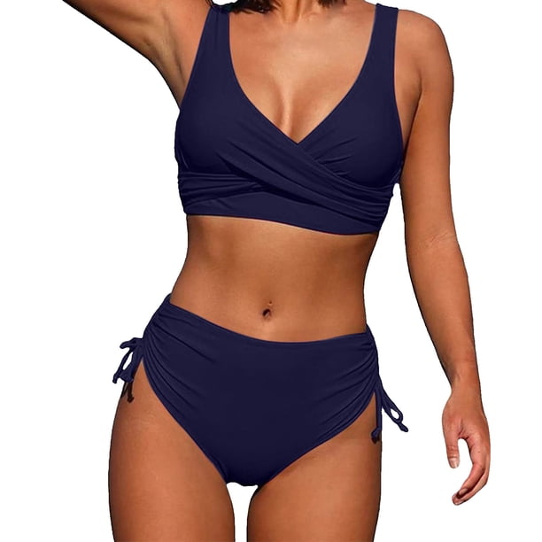 Gibobby Bañador de Bikini Mujer Nueva Split Wrap Lace Up Hollow Out Bikini Color sólido Sexy Bikini de cintura alta Conjunto de dos piezas(Azul,M)