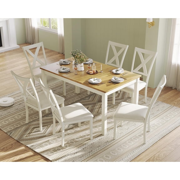 Merluxy 7-Piece Solid Wood Dining Table Set, 60" Farmhouse Dining Table with 6 Chairs, Dining Table Set for 6, Kitchen & Dining Room, Rustic Cream