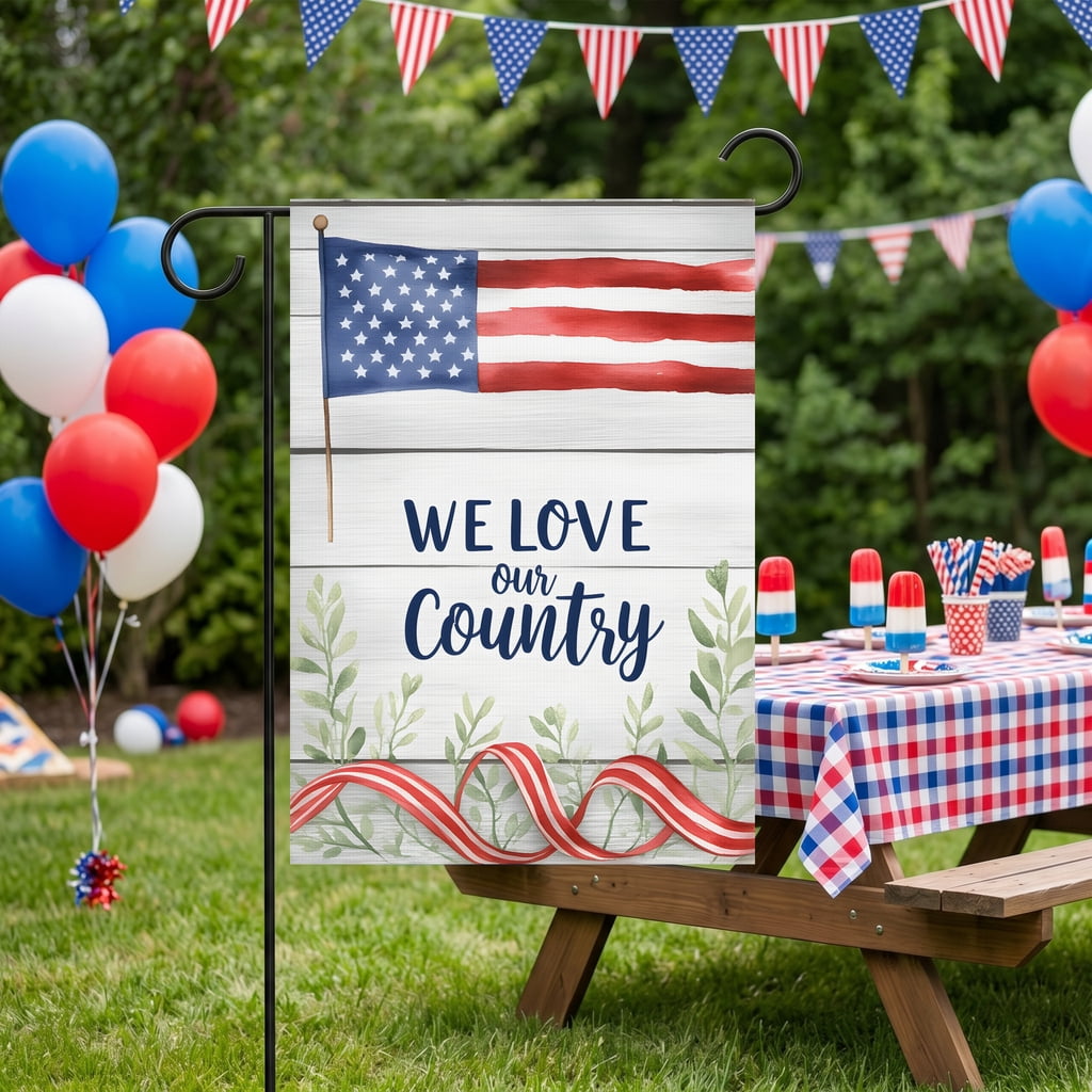 red white blue garden flag A flag with the words we love our country on it. WE LOVE our Country america 250 decor 28x40 Inch Vertical Banner americana decor