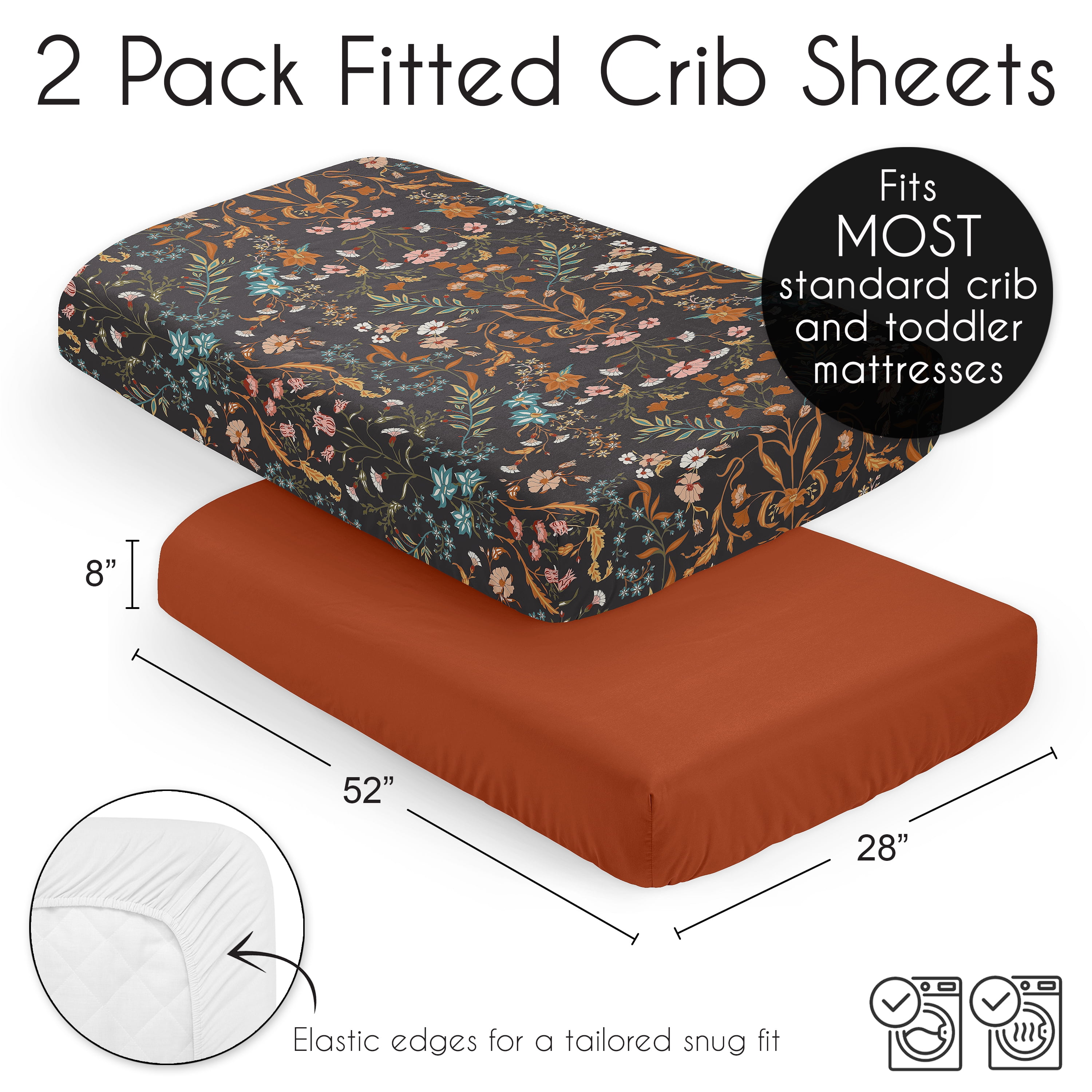 Sweet Jojo Designs Boho Floral Wildflower Orange Black Blue Fitted Crib Sheets 2 Piece Set