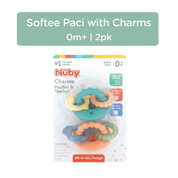 Nuby Silicone Softee Pacifier with Teething Charms for Infants, 2 Pack