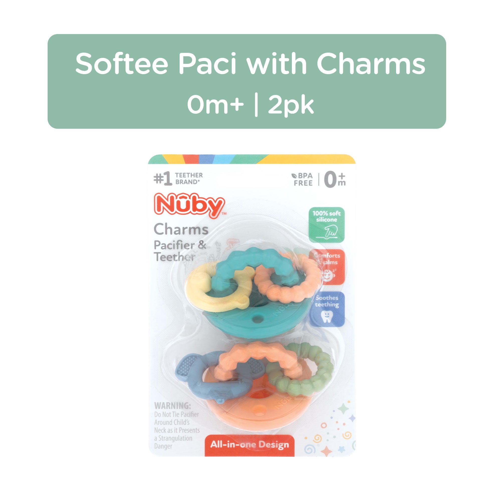 Nuby Silicone Softee Pacifier with Teething Charms for Infants, 2 Pack