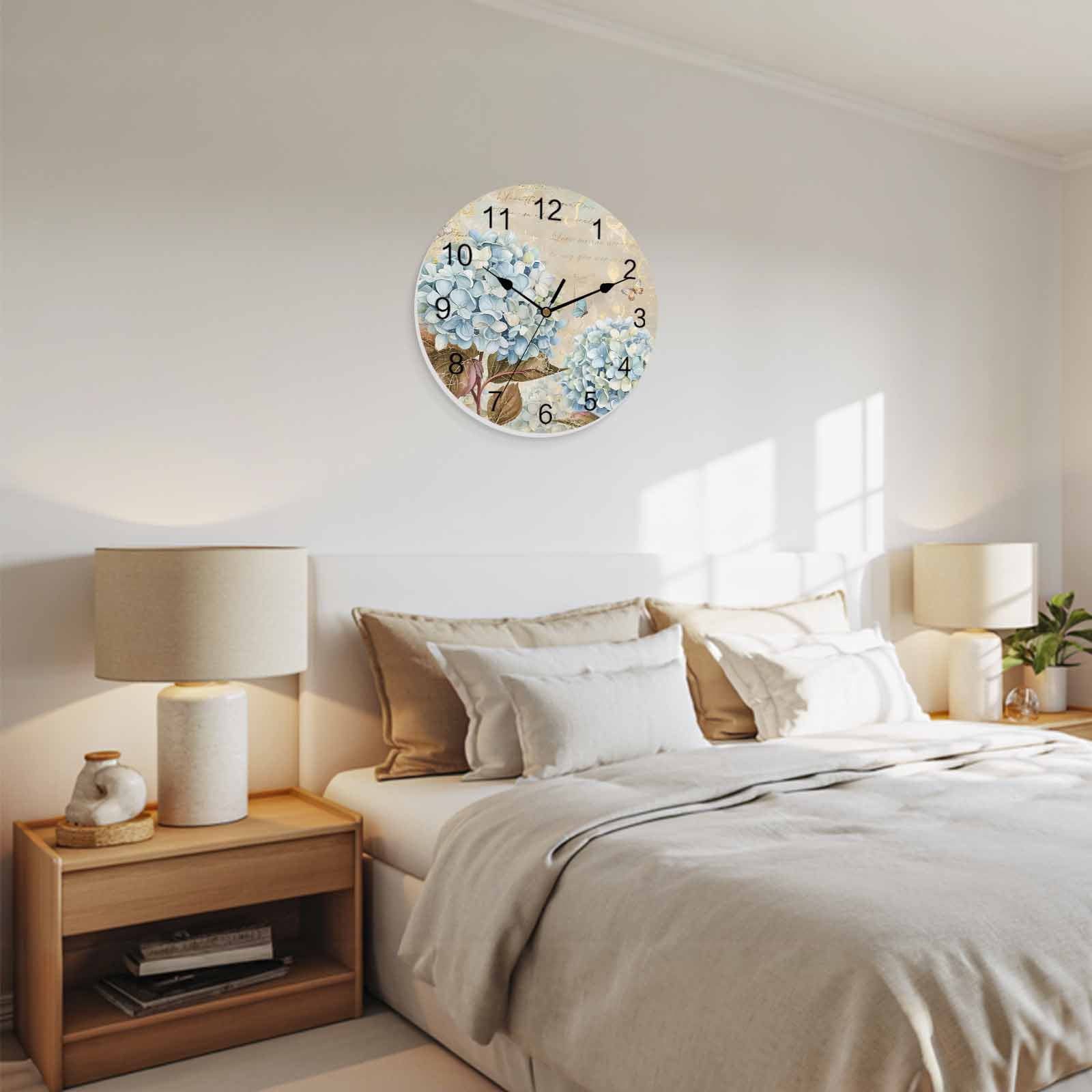 Wall Clock Hydrangea Floral Clocks PVC Silent Non-Ticking Battery Operated Decorative Butterfly Vintage Blossoms Flowers Round Clock for Home Living Room Kitchen Bedroom Office Wall Decor 10 Inch