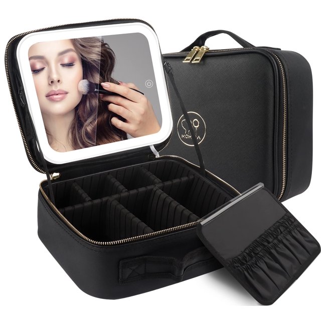 MOMIRA Bolsa de Maquillaje con Espejo y Luz Estuche de Tren de Maquillaje de Viaje Organizador de Cosméticos Bolsa de Almacenamiento de Artista Portátil con Divisores Ajustables Organizador de Almacen