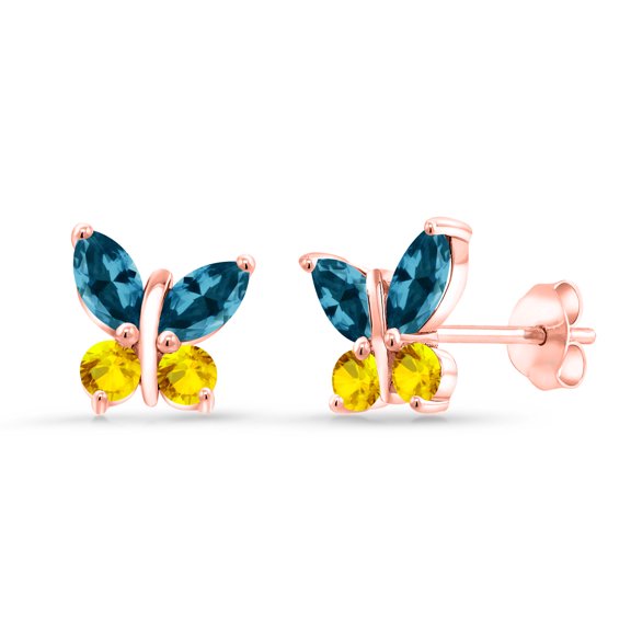 18K Rose Gold Plated Silver Marquise London Blue Topaz and Yellow Sapphire Butterfly Earrings for Women (1.74 Cttw, Gemstone November Birthstone, Center Stone: 6X3MM, Small Stones: 3MM)