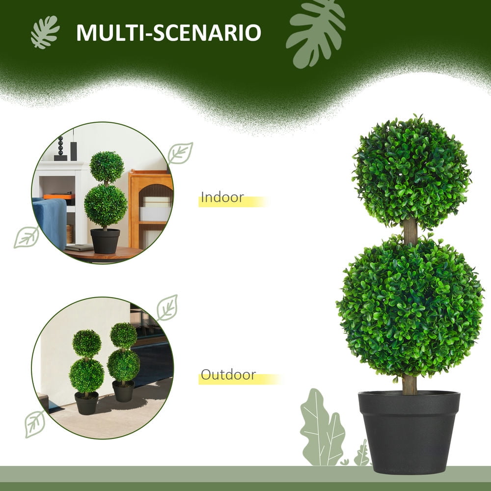 Kadyn 2 Pcs 23.5" Artificial Boxwood Ball Topiary Tree Set of 2 Fake Plants in Pot with Double Ball-Shaped Leaves Green