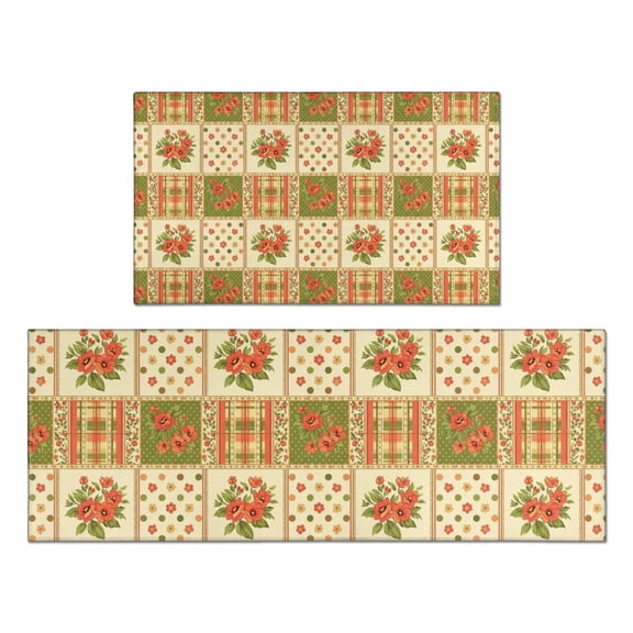 Pioneer Flower Floral Print Pattern Kitchen Rugs Sets Of 2, Anti Fatigue Non Slip Washable Floor Mats for Kitchen Sink Laundry, 17X30 Inch   17X47 Inch