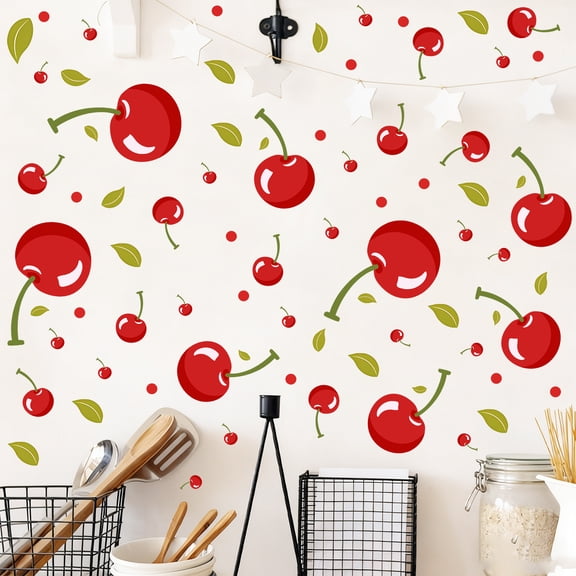 2 Sheets Cartoon Wall Decals Cherry Stickers Removable Peel and Stick for Kitchen Dining Room Bedroom Living Room DIY Decor