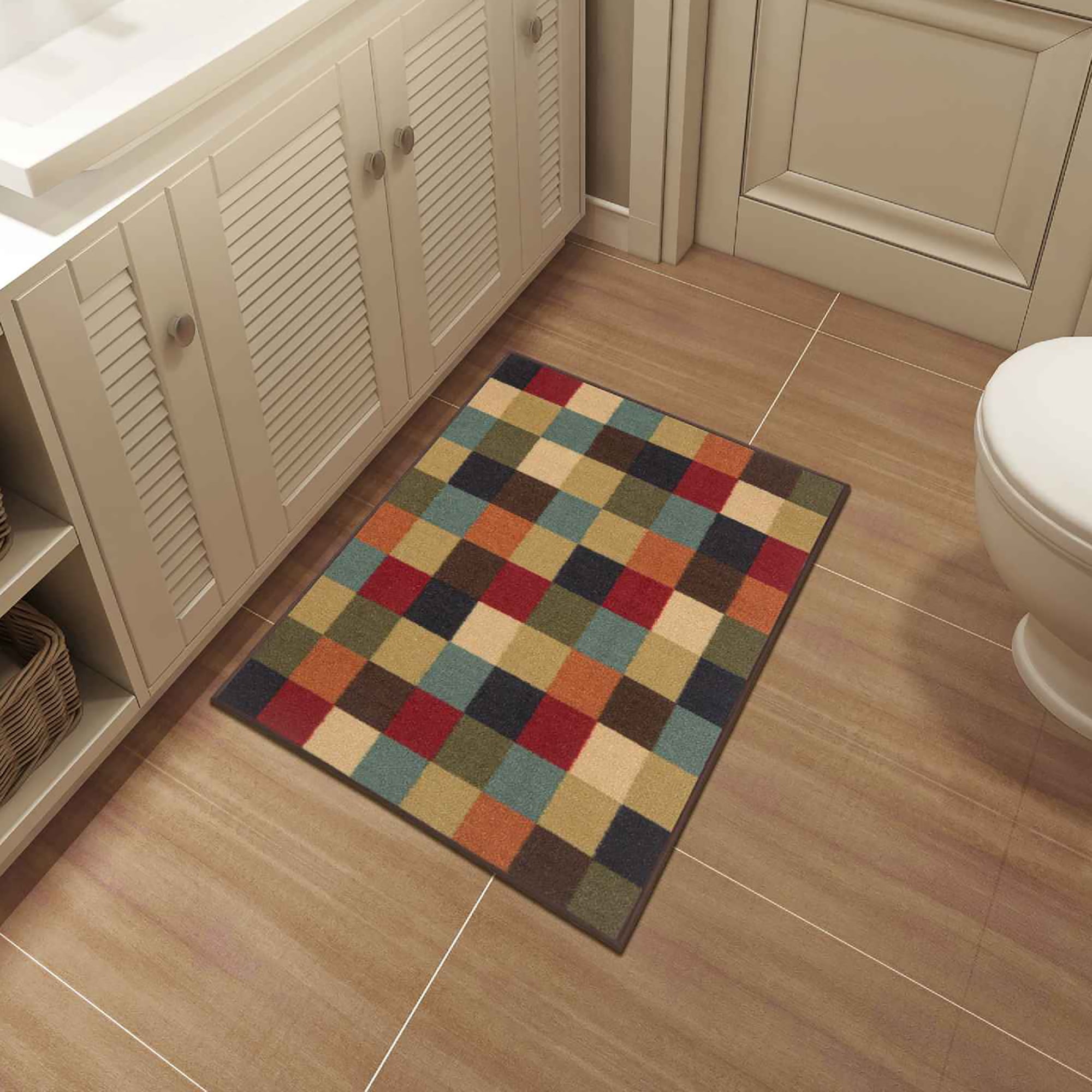 Ottomanson Non-Slip Accent Rug 2'7" x 3' – Low Pile Entryway Bedroom Small Rug, Checkered Multicolor