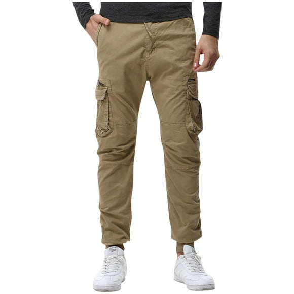 Cargo Pants for Men, Elastic Drawstring Waist with Zipper Pockets, Breathable Cotton-Polyester Blend, Slim Fit Tapered Leg, Military Green, All-Season Casual Wear