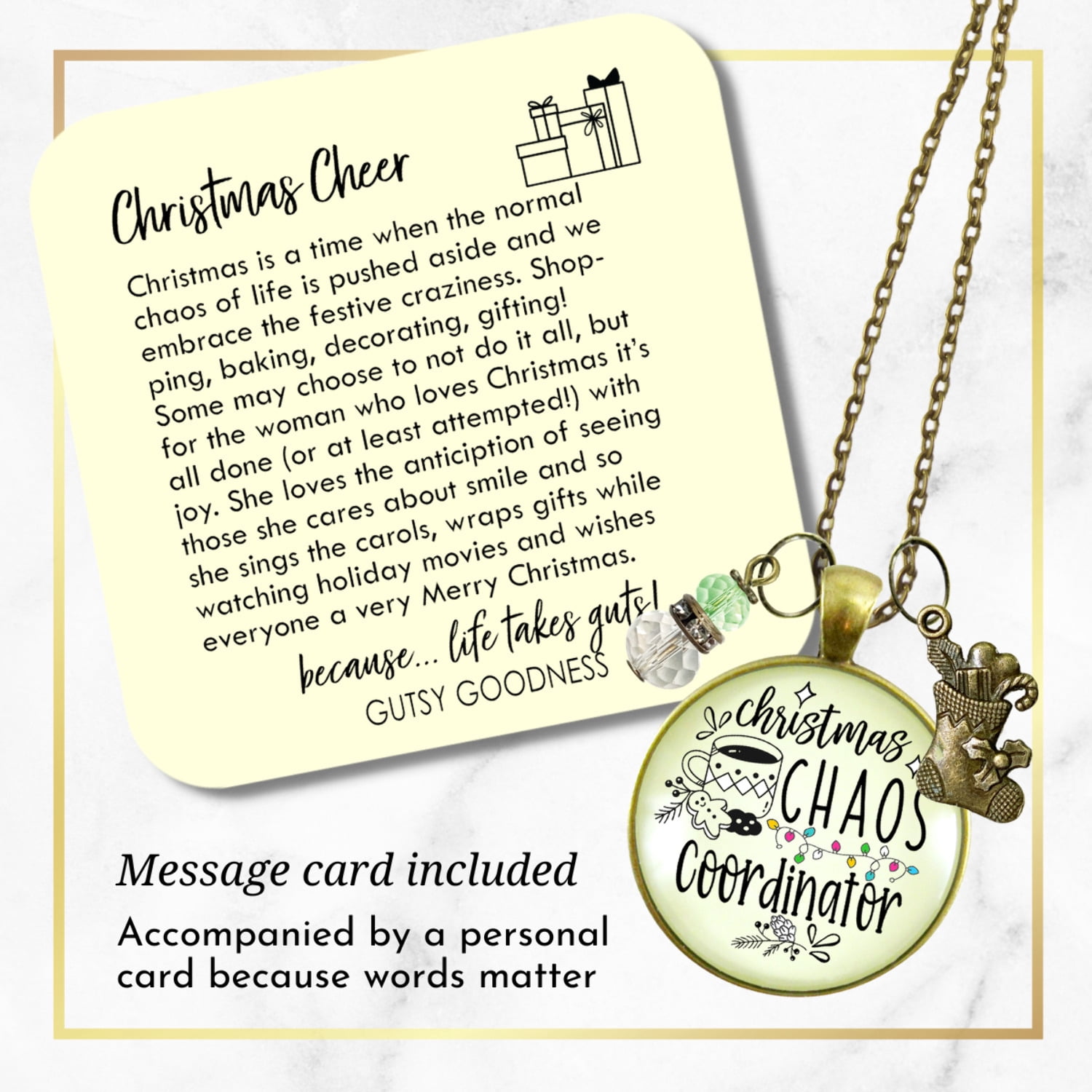 Christmas Chaos Coordinator Fun Holiday Necklace Gutsy Goodness Female Adult Bronze Metal Jewelry