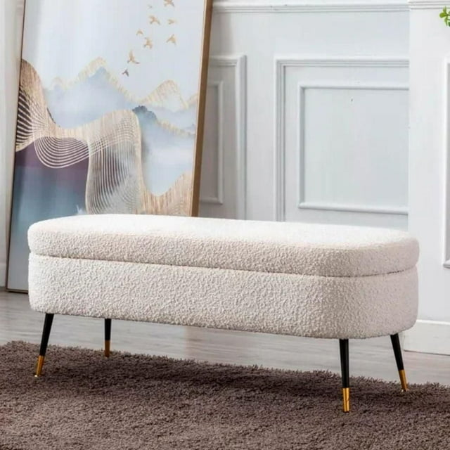 Heavenly Collection | Storage Bench - Modern Bouclé Ottoman with Hidden Storage & Gold Metal Legs