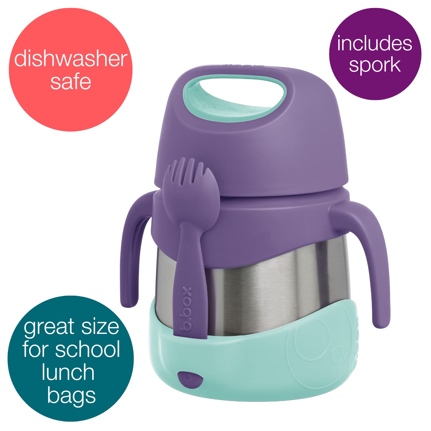 b.box Insulated Food Jar with Spork for Toddlers | Easy Open Container | Stainless Steel, 5hrs+ of perfect temperatures | Dishwasher safe, BPA Free (Lilac Pop, 11 oz)