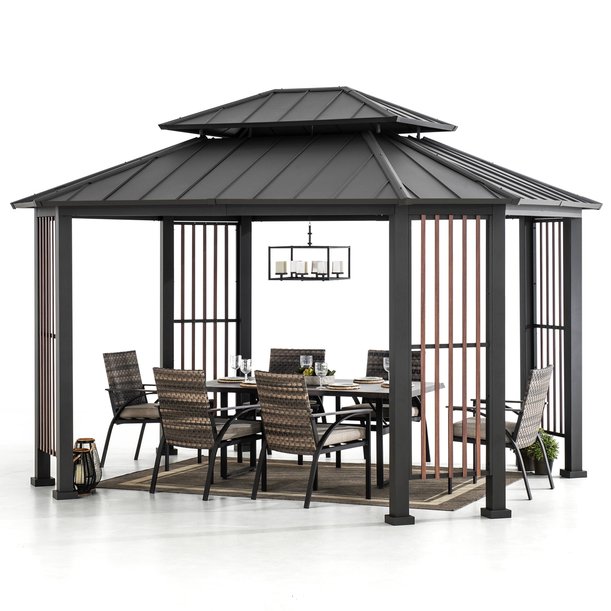 Sunjoy 11 x 13 ft. Hardtop Gazebo Outdoor 2-Tier Steel Hardtop Metal Gazebo with Dual Rails and Ceiling Hook, Suitable for Patio & Backyard, Grey