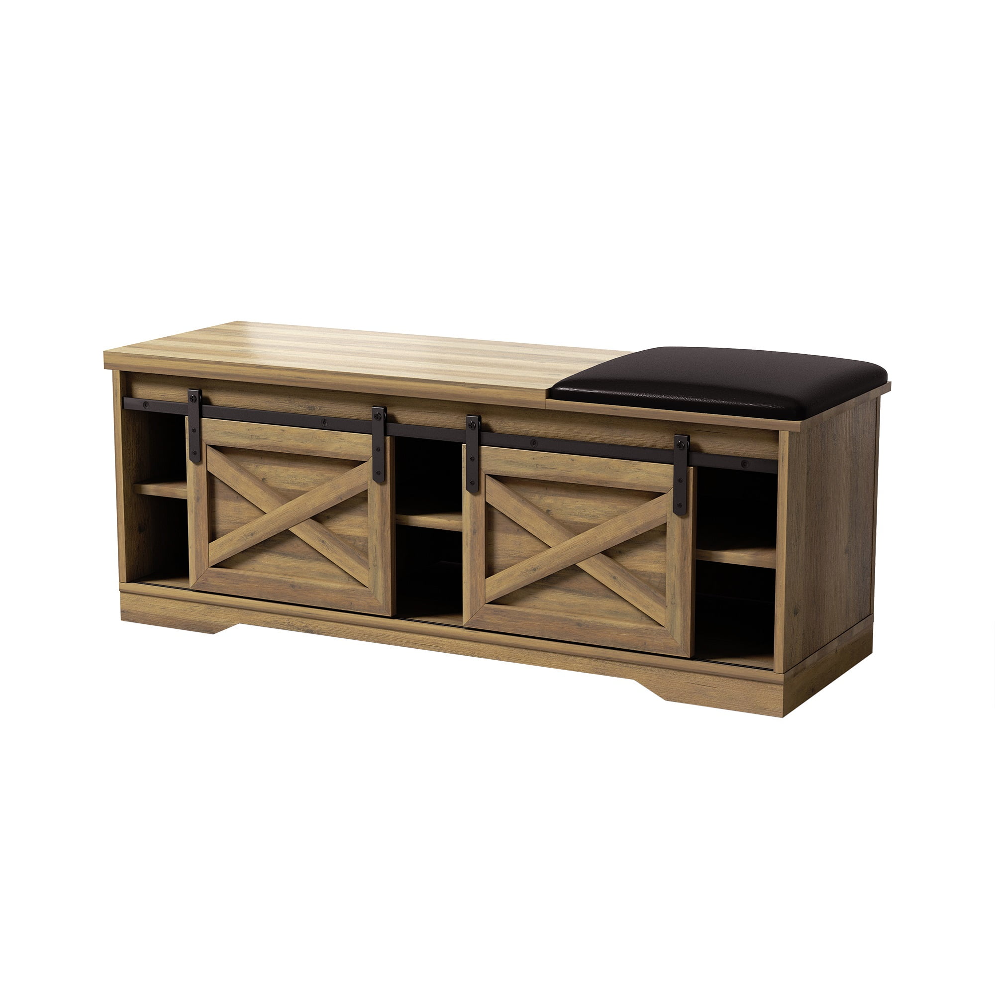 Kadyn 47 Inch Modern Farmhouse Sliding X Barn Door Litterbox Bench with Entry Cutout, Light Brown Shoe Bench Kadyn 47 Inch Modern Farmhouse Sliding X Barn Door Litterbox Bench with Entry Cutout, Light Brown Shoe Bench