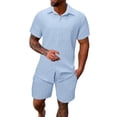 thumbnail image 3 of Men's Summer 2-Piece Set, Solid Color Jacquard Short Sleeve Button-Down Lapel Shirt and Shorts, Lightweight Casual Outfit For Vacation and Beach,Sky Blue,M, 3 of 6