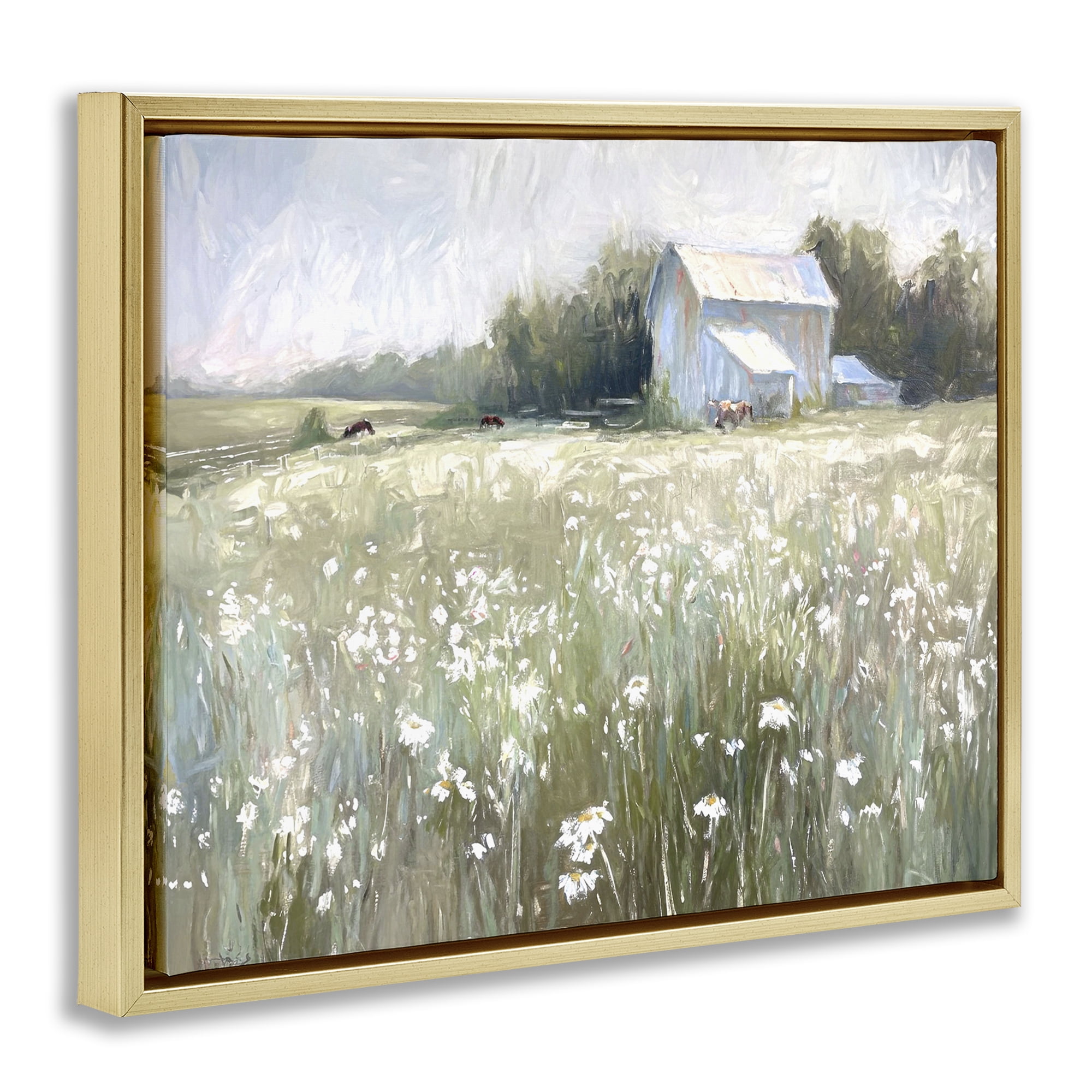 Stupell Industries Peaceful Pasture Meadow Landscape Painting Gold Floater Framed Canvas Art Print Wall Art, 21 x 17