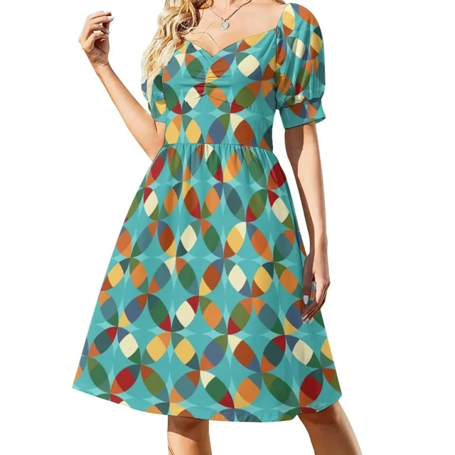 Vestido de novia de manga corta con estampado geométrico circular moderno de mediados de siglo, colorido, para fiestas
