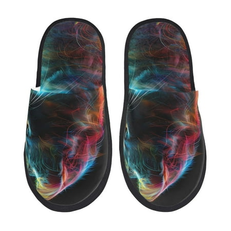

Honeii Neon Spectrum Cat Portrait Print Furry Slippers Bedroom Slippers for Women and Men Fuzzy Plush Comfy Faux Fur Lined Slide Shoes -Medium