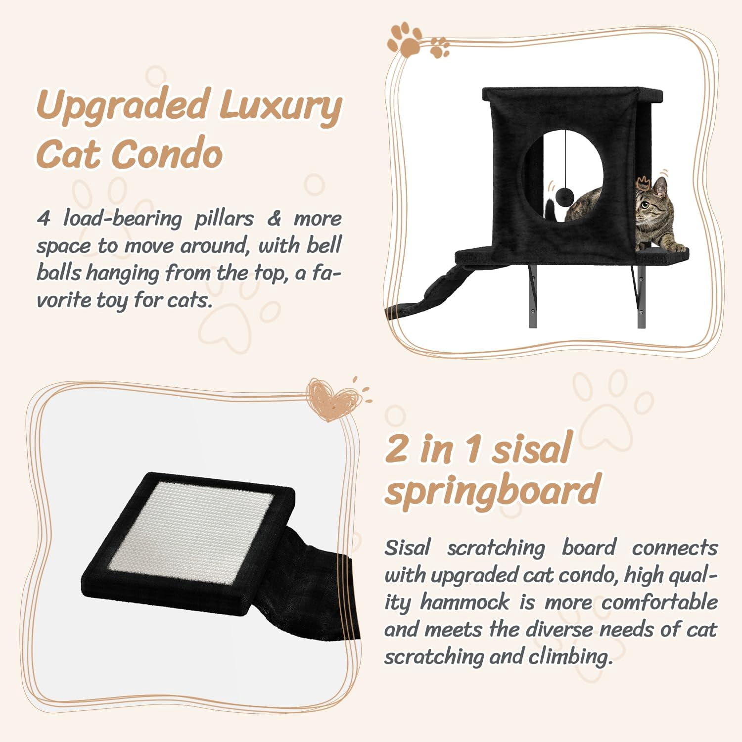 SONGMY 7-in-1 Wall Mounted Cat Climber Set, Cat Furniture Set with House, Bridge, Steps, Scratcher Post, DIY Playground, Cat Wall Shelves - Black