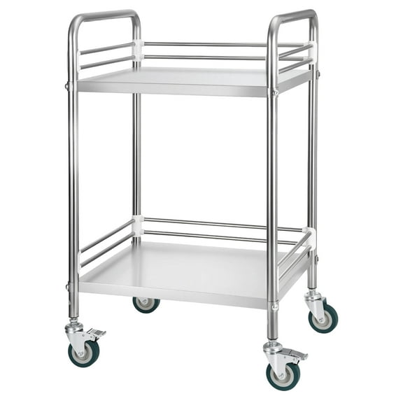 KFFKFF Stainless Steel 2-Tier Rolling Utility Cart with Lockable Wheels, Mobile Service Tray for Medical, Kitchen, Salon, and Restaurant Use