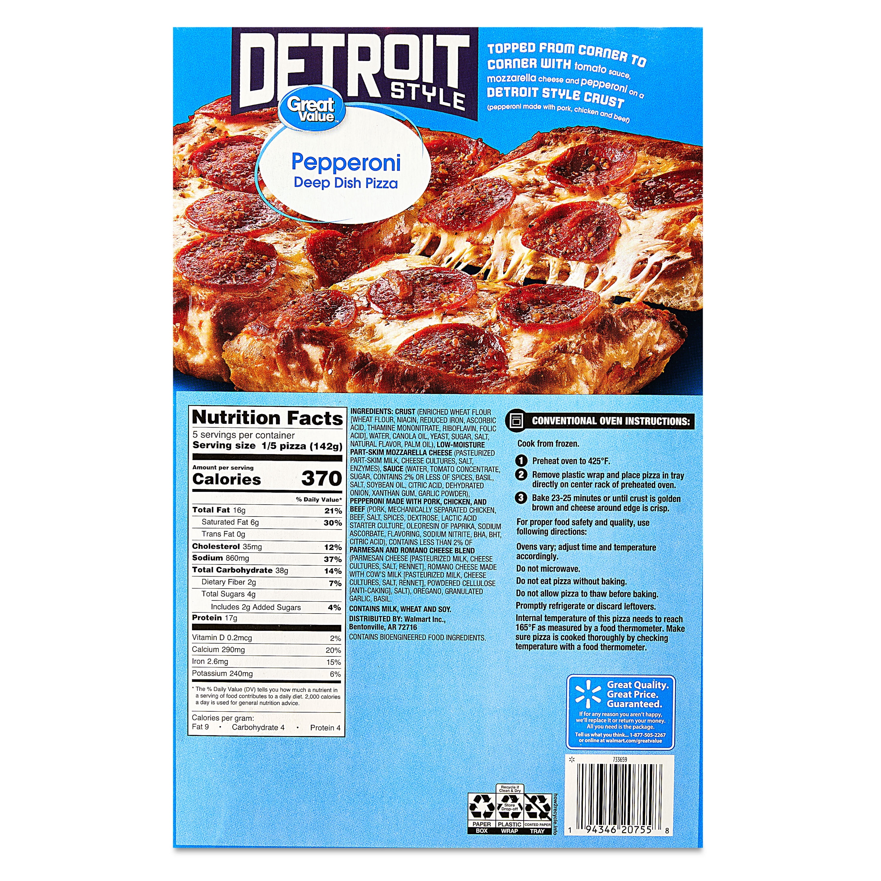 Great Value Detroit-Style Pepperoni Pizza, 25.1 oz (Frozen)