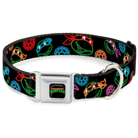 Nickelodeon Pet Collar, Dog Collar Metal Seatbelt Buckle, Ninja Turtles Electric Expressions Turtle Shells Black Neon, 16 to 23 Inches 1.5 Inch Wide