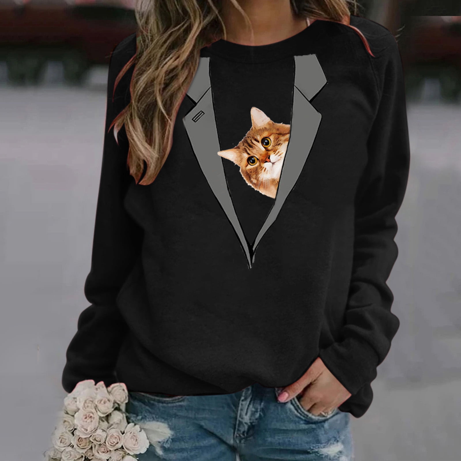 Swyss Womens Cat Printed Hoodies Sweatshirt,Long Sleeve Colorblock Pullover Fashion Autumn Tops Blouse